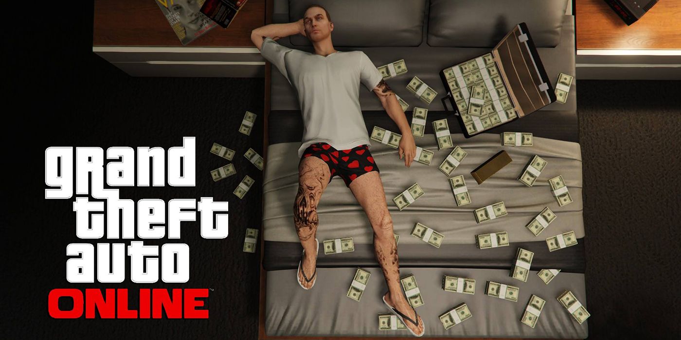 Grand Theft Auto Online man lying on bed with lots of money