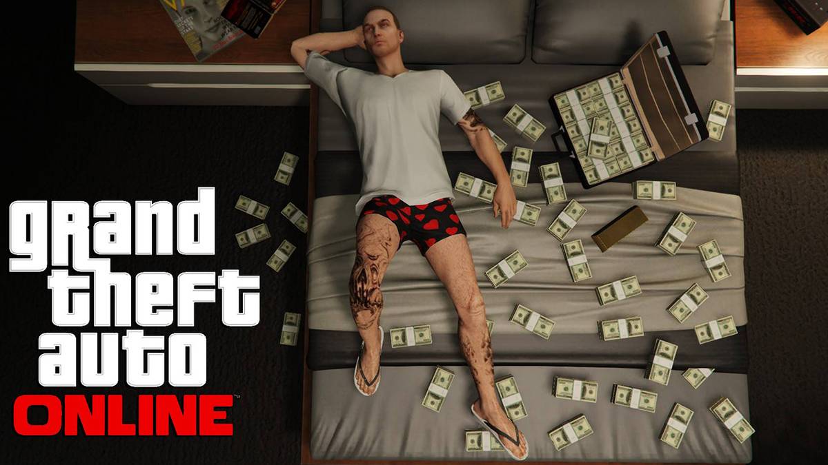 Grand Theft Auto Online man lying on bed with lots of money