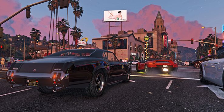 Grand Theft Auto Online cars racing down street