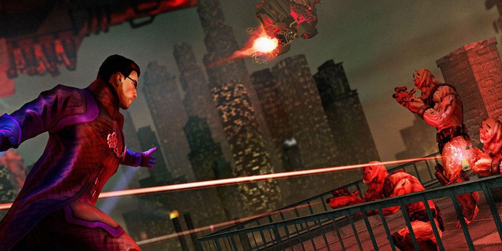 A man in a purple suit rns toward men shooting at him in Saints Row IV