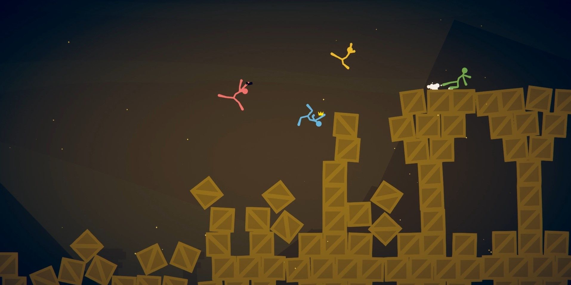 Characters jumping off of boxes and shooting guns in Stick Fight
