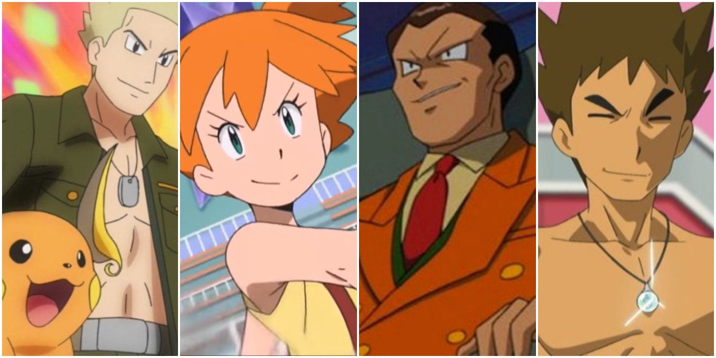 A split-screen four ways left to right Lt Surge, Misty, Giovanni, Brock