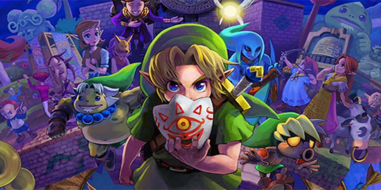 The Legend Of Zelda Majoras Mask key art with Link in fornt of numerous characters from the game