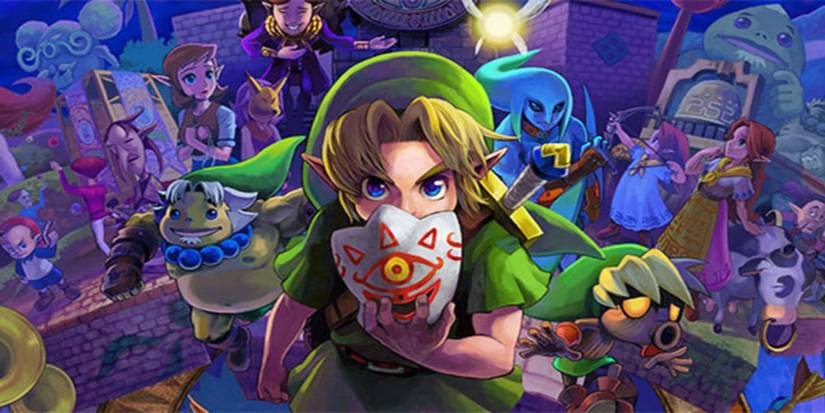 The Legend Of Zelda Majoras Mask key art with Link in fornt of numerous characters from the game