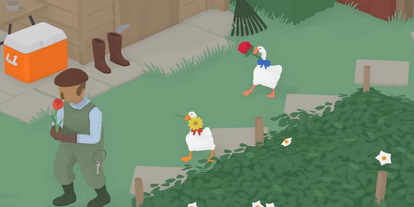 Untitled Goose Game - geese with flowers