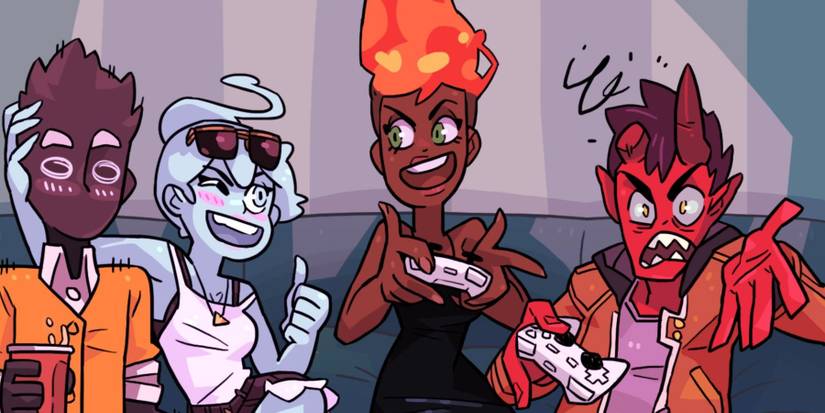 A group of characters playing video games in Monster Prom