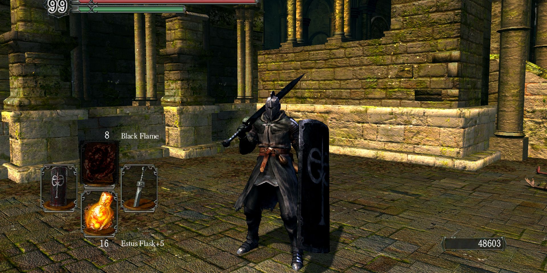 player holding the black iron greatshield, a huge rectangle of dark metal, in the first dark souls