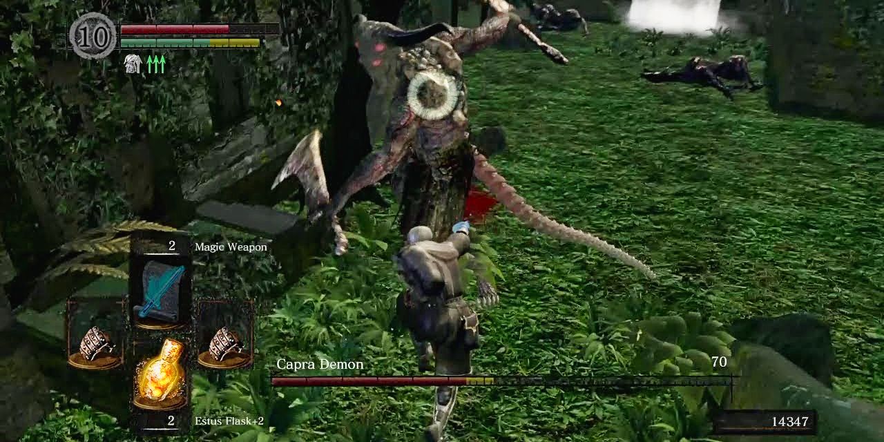 player bullying the capra demon with a fist weapon.