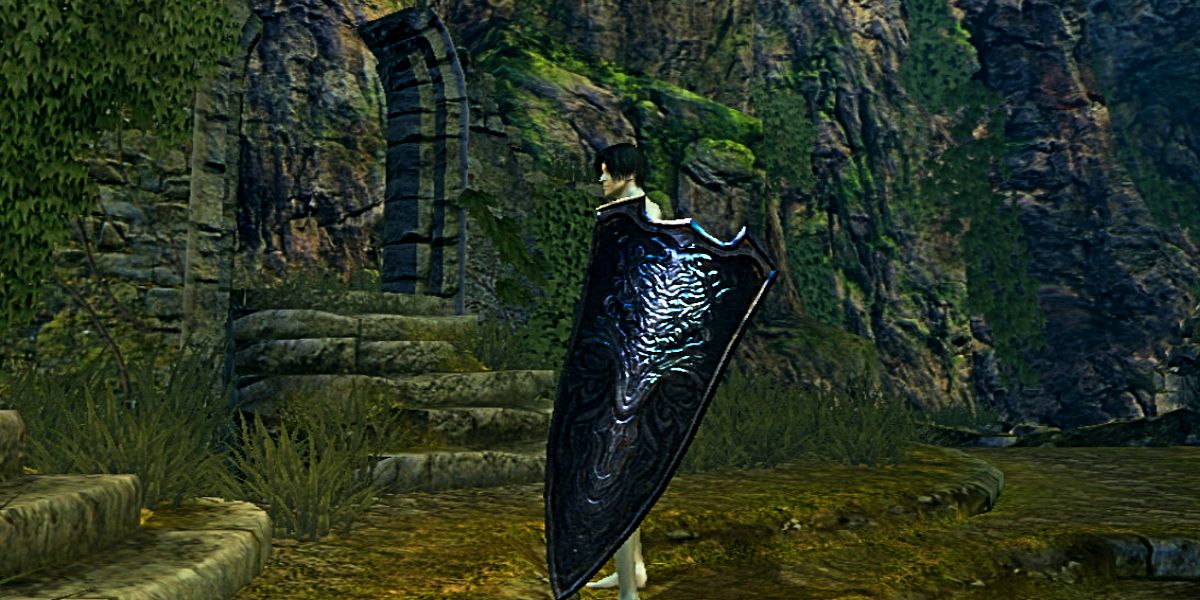 player holding the dark blue greatshield of artorias in the first dark souls