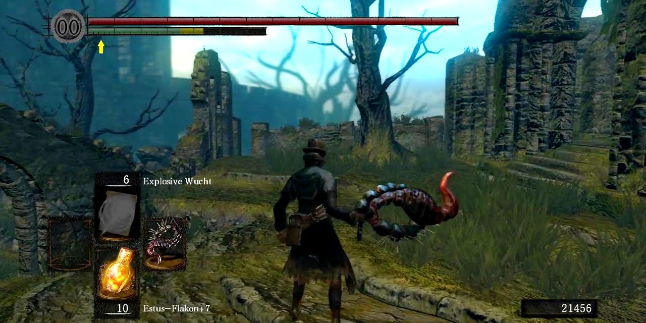 manticore tail in the form of a whipe held by the player in firelink shrine of dark souls