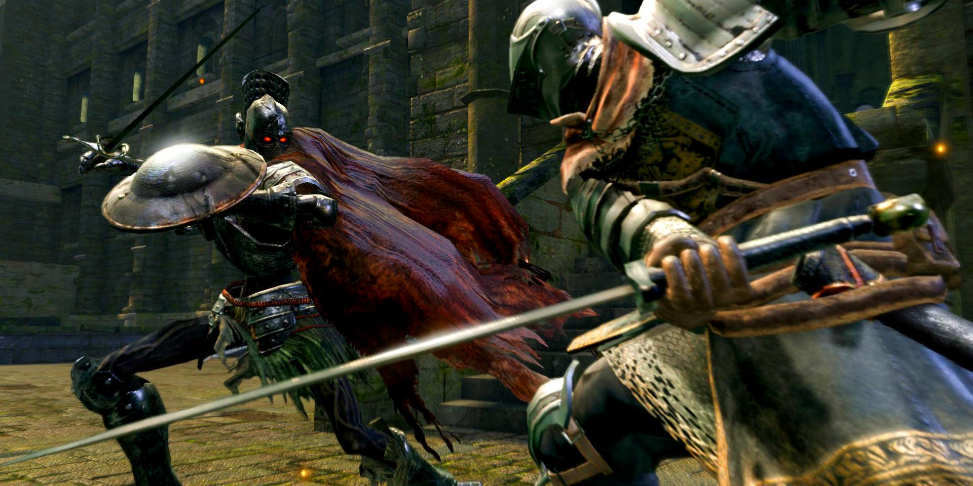 art of a player in elite knight armor fighting a balder knight with a longsword.