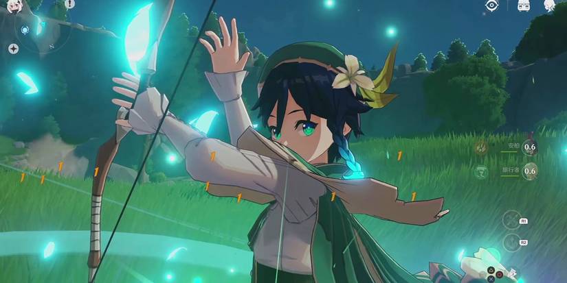 genshin impact screenshot green eye dark hair bow arrow anime girl