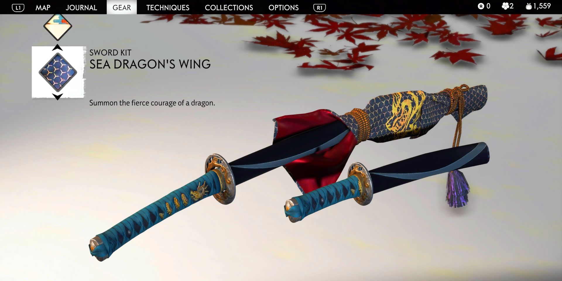 dark blue and black sword kit with a red and gold design on part of it resembling a dragon
