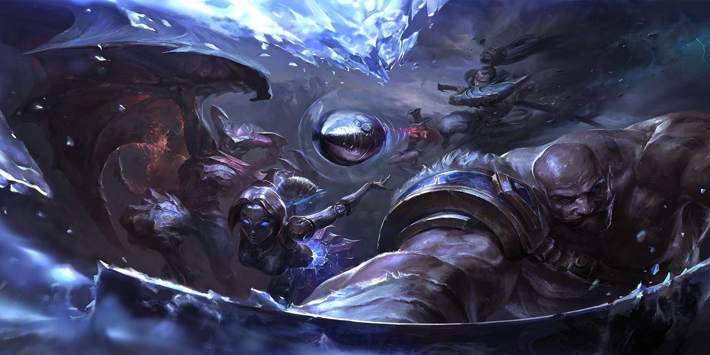 league of legends login screen with braum, yasuo, caitlyn, orianna, and shyvana
