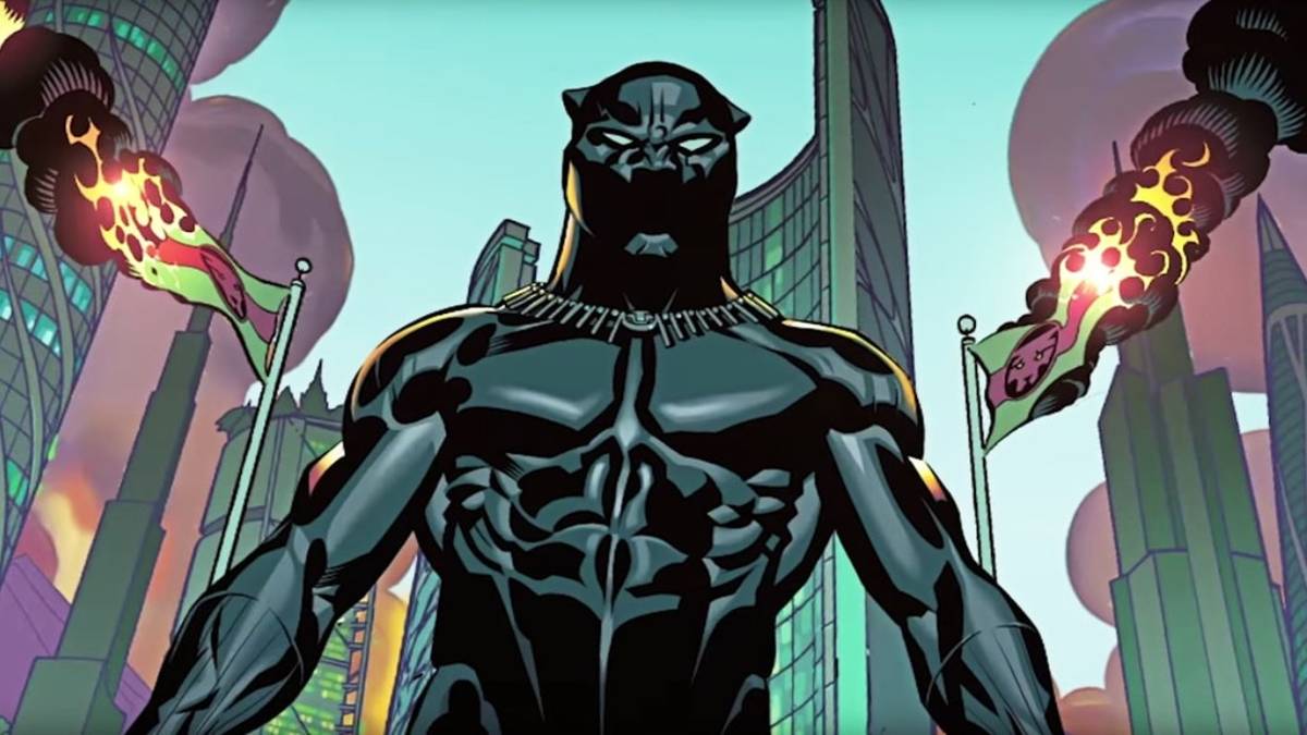 marvel black panther comic book panel with city in back