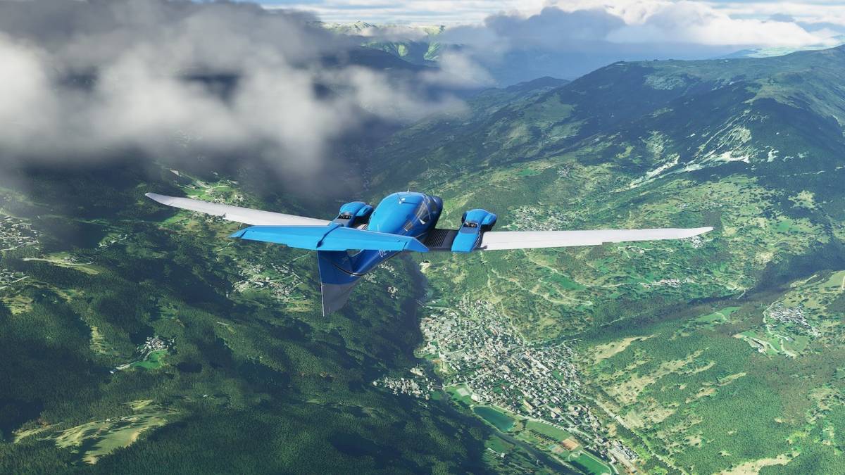 microsoft flight sim blue plane flying over grassy field