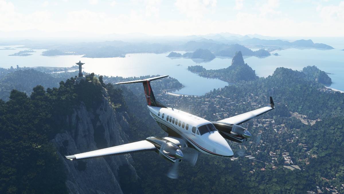 microsoft flight sim plane flying over rio with christ statue