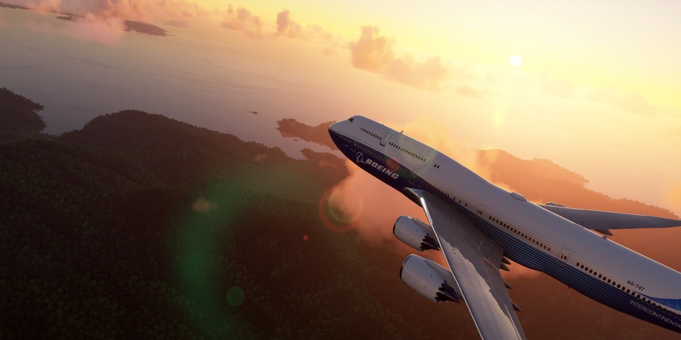 microsoft flight sim plane flying during sunset