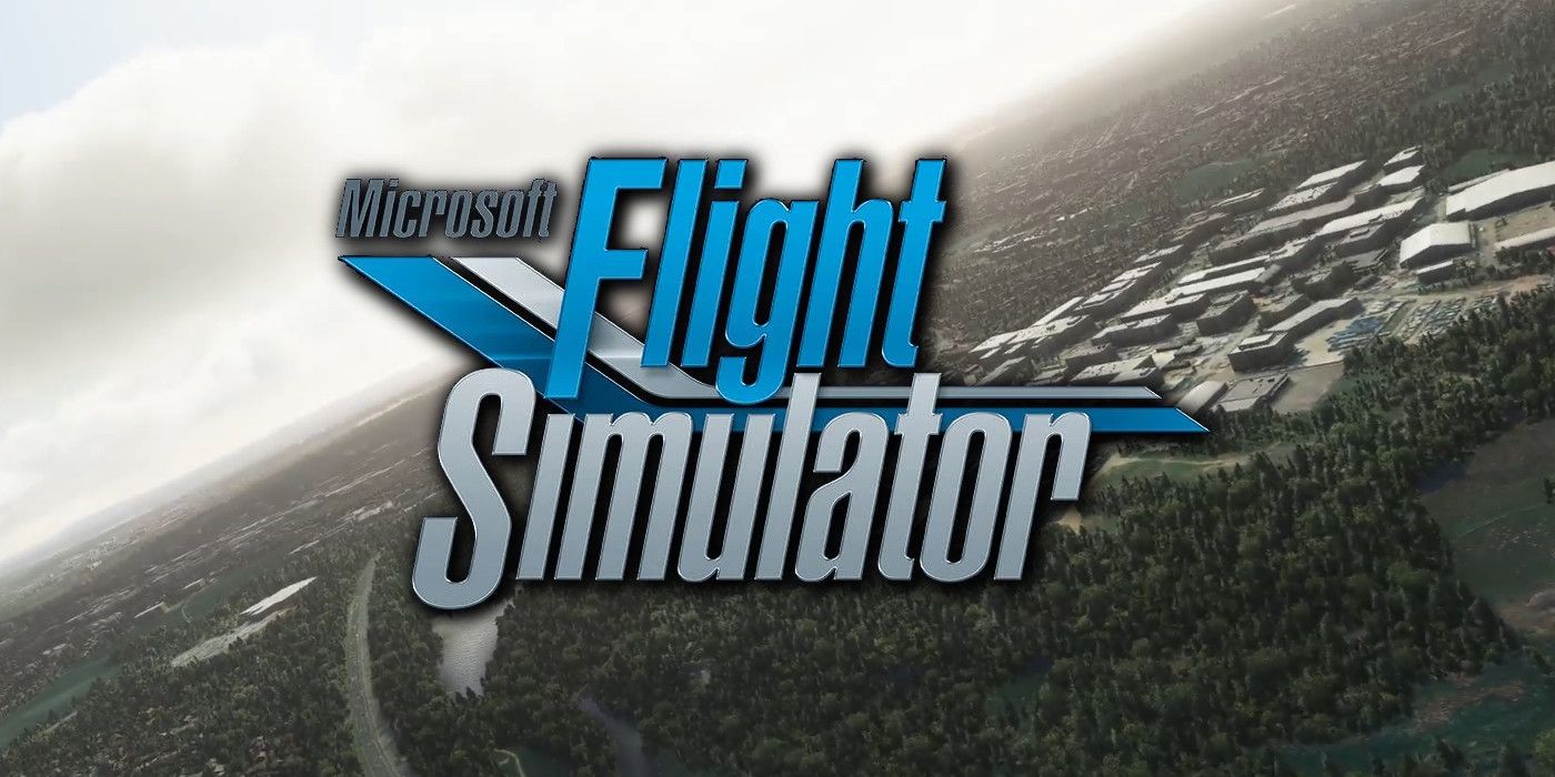 Logo for Microsoft Flight Simulator over a pitching landscape.