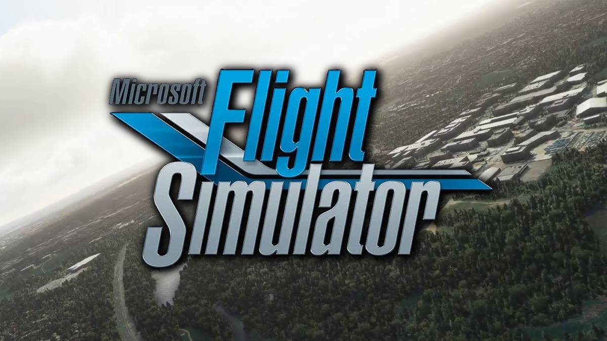Logo for Microsoft Flight Simulator over a pitching landscape.