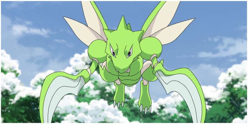 Scyther flies through a meadow