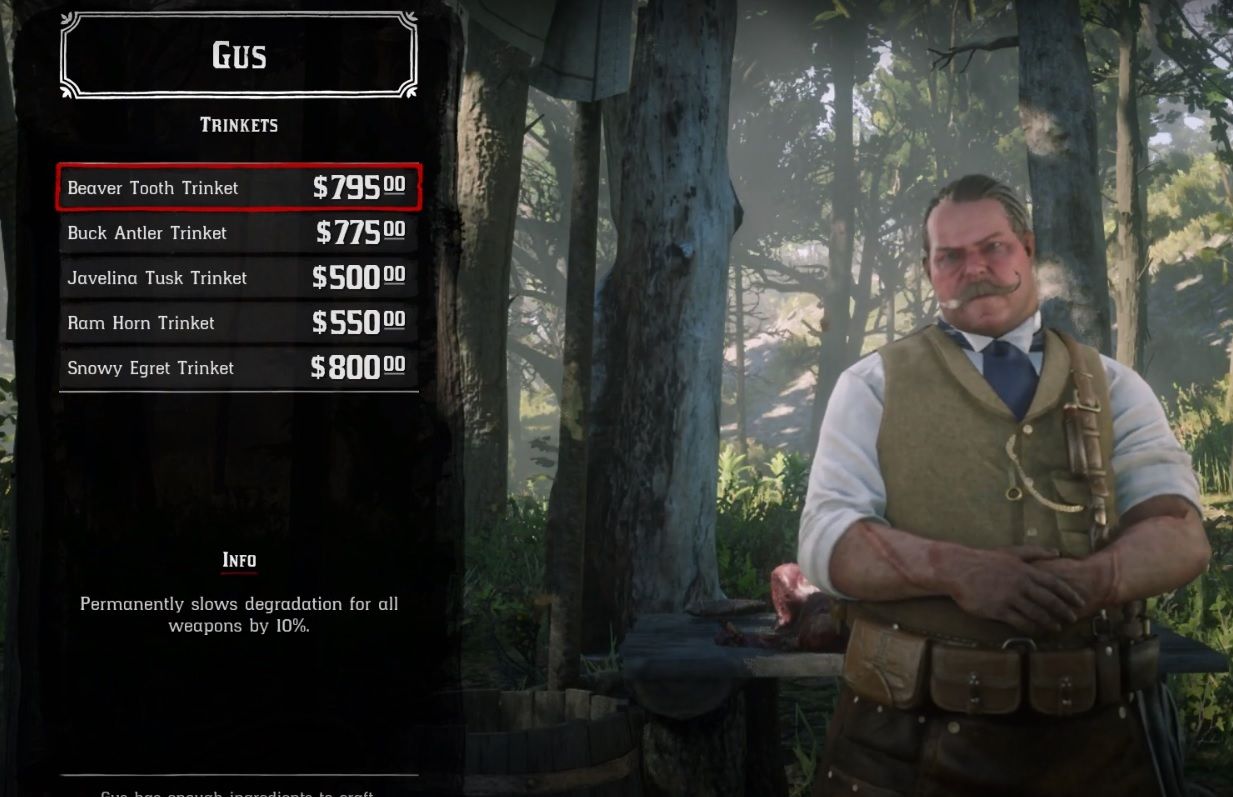 red dead online gus crafting trinkets screen