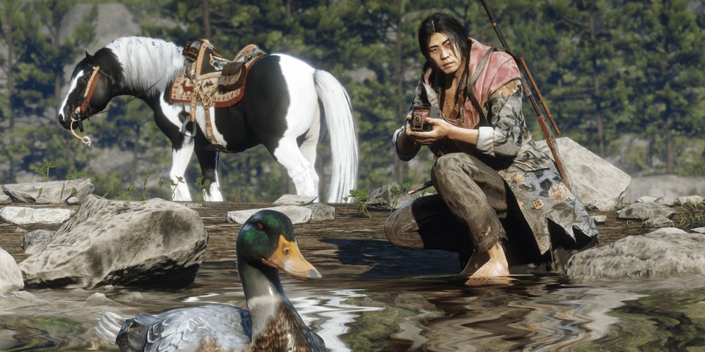 red dead redemption 2 naturalist player with animals duck horse