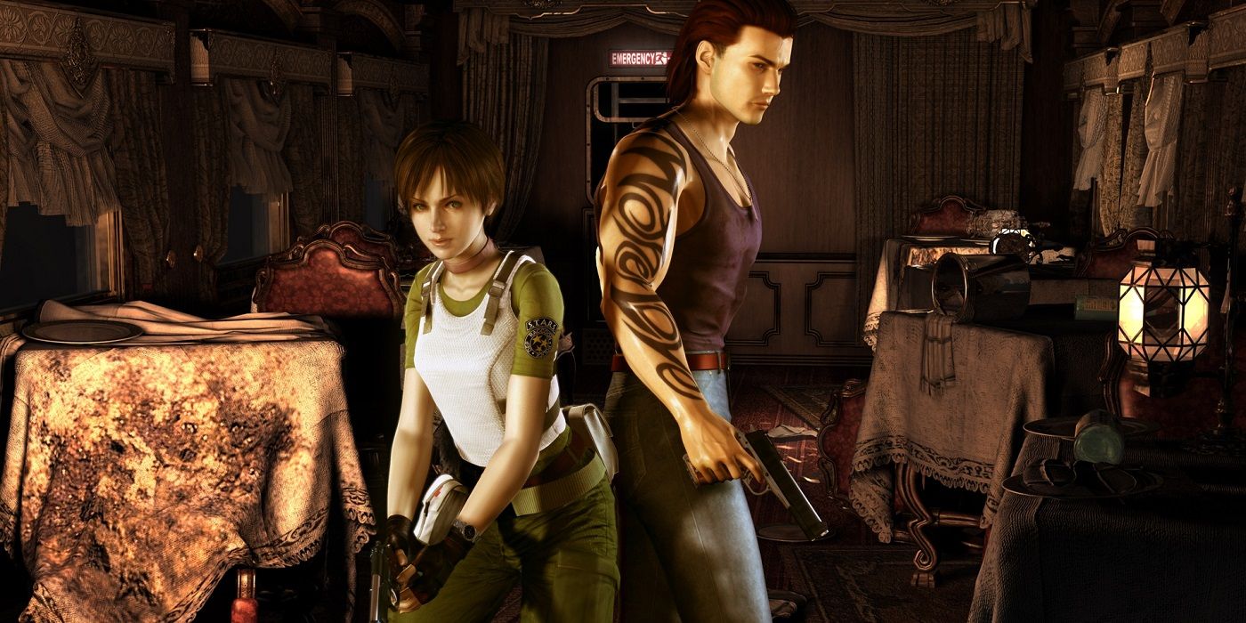resident evil zero - protagonists standing with guns