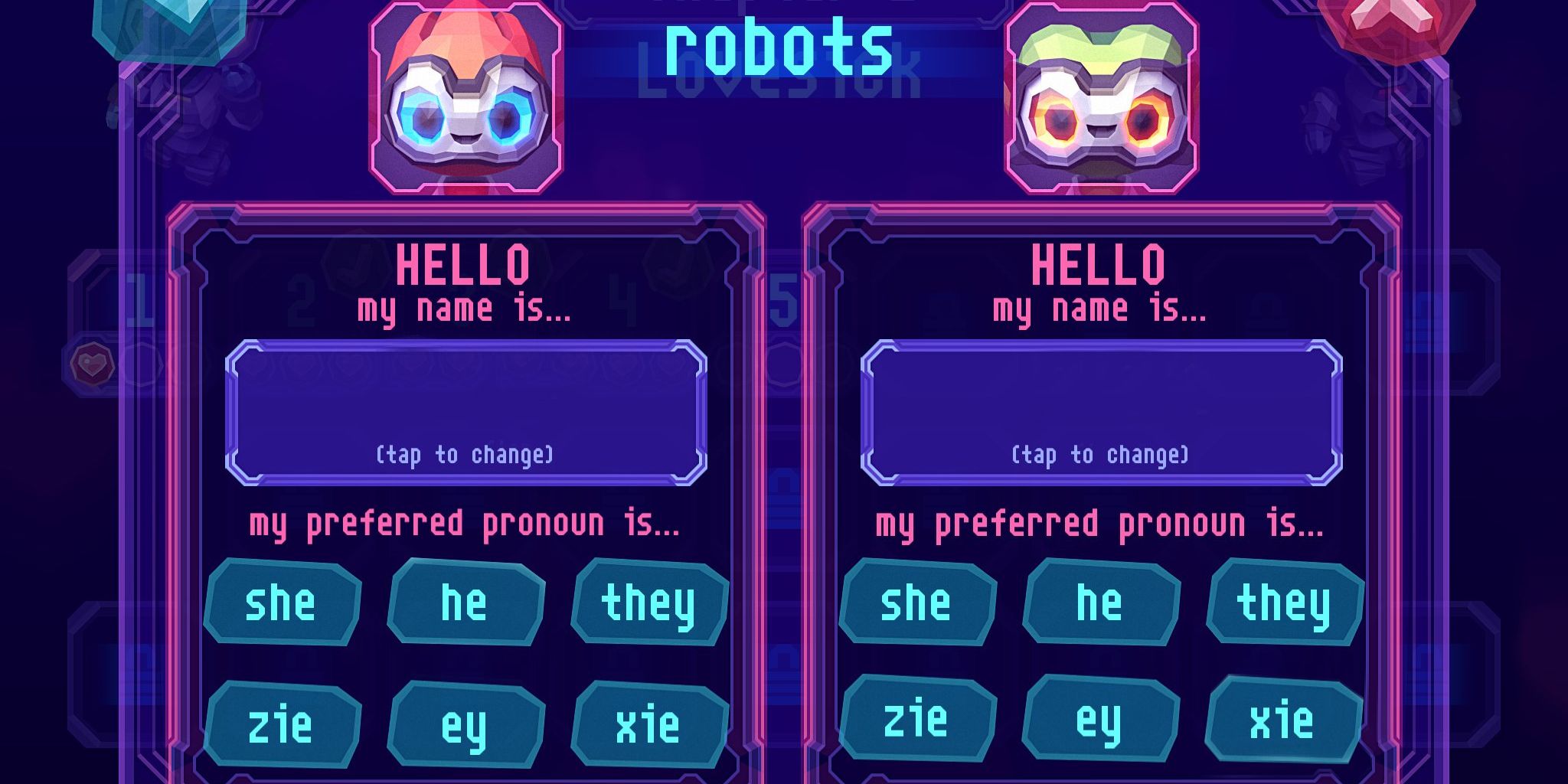 The character creation options in Robots Need Love Too