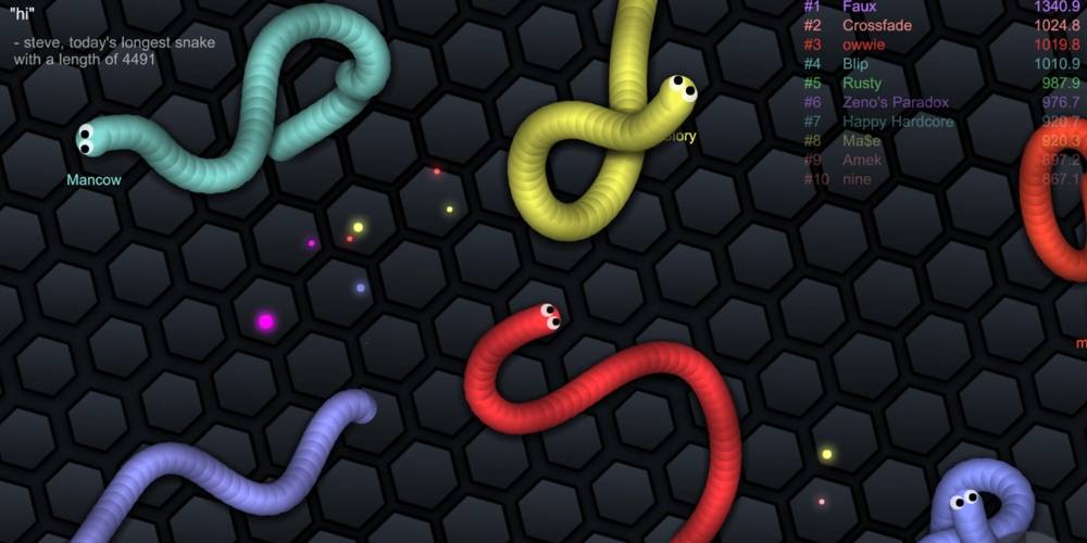 Slither.io screenshot several different colors of snakes