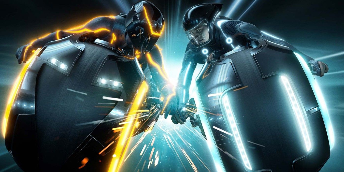 Dueling light cycles in Tron: Legacy