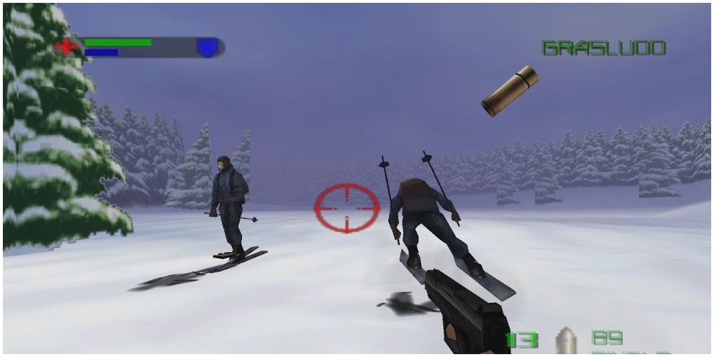 James Bond fighting enemies on skiis