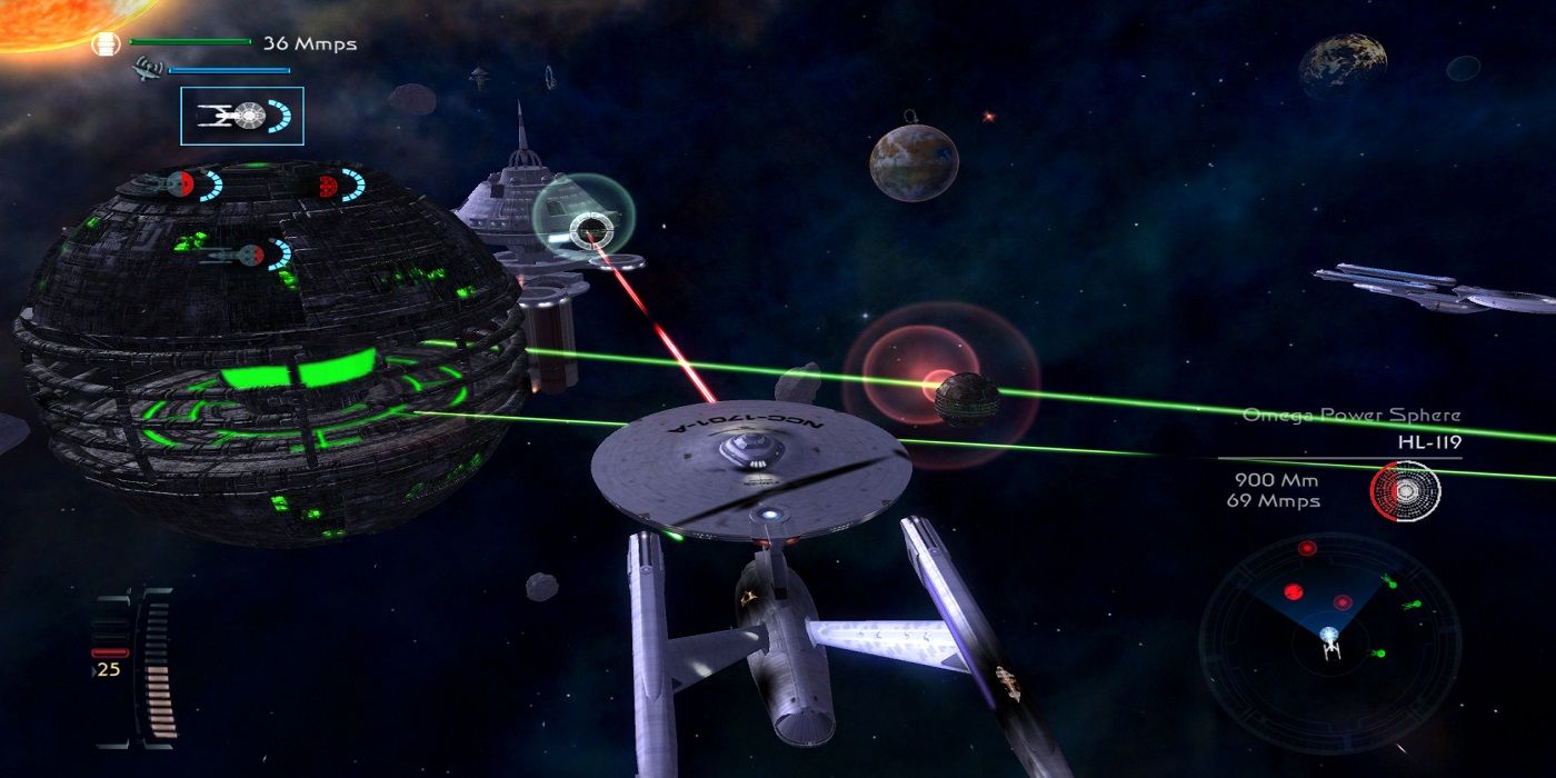 A screenshot of a space battle from Star Trek: Legacy