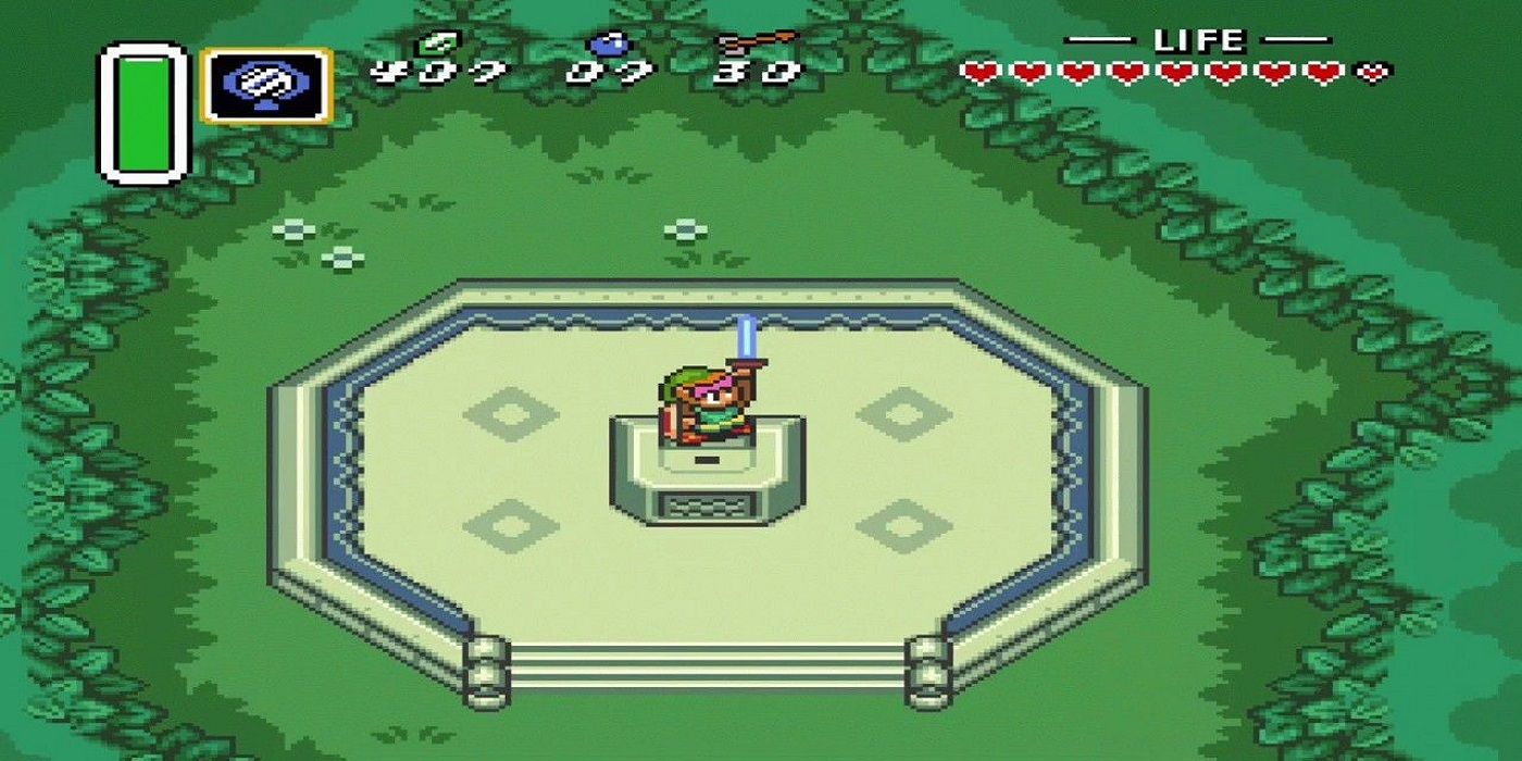 Link claiming the Master Sword in The Legend of Zelda: A Link to the Past