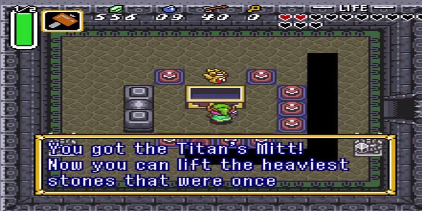 Link collecting the Titan's Mitt from Blind's Hideout in The Legend of Zelda: A Link to the Past