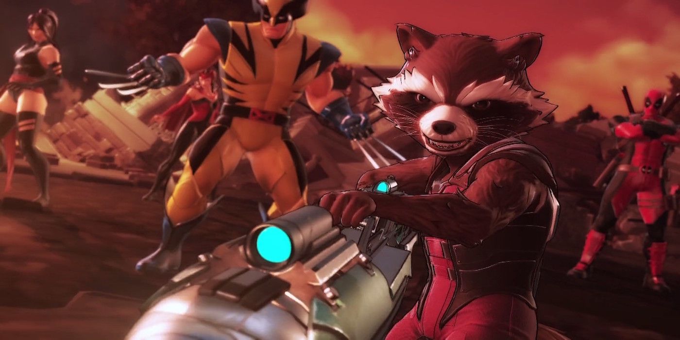 Rocket Raccoon With the X-Men brandishing weapons from Marvel Ultimate Alliance 3