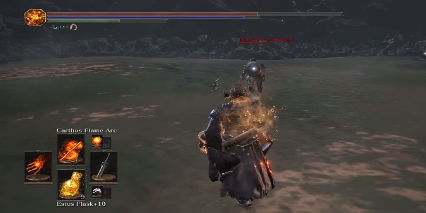 The battle with Horace the Hushed at Dark Souls 3's Smouldering Lake