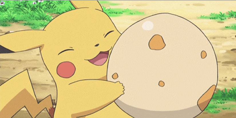 A Pikachu holding a Pokémon Egg