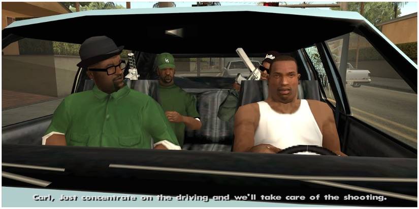 CJ behind the wheel about to drive the car