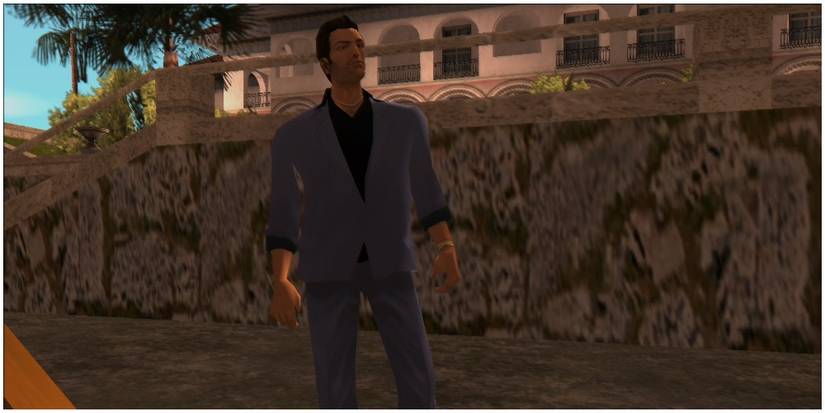 Tommy Vercetti standing on the dock of his house