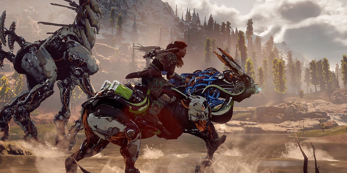 Aloy riding a machine.