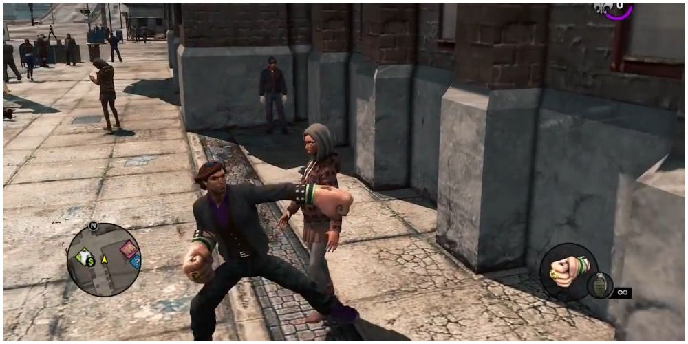 A player about to punch a pedestrian with the Apoca-Fist