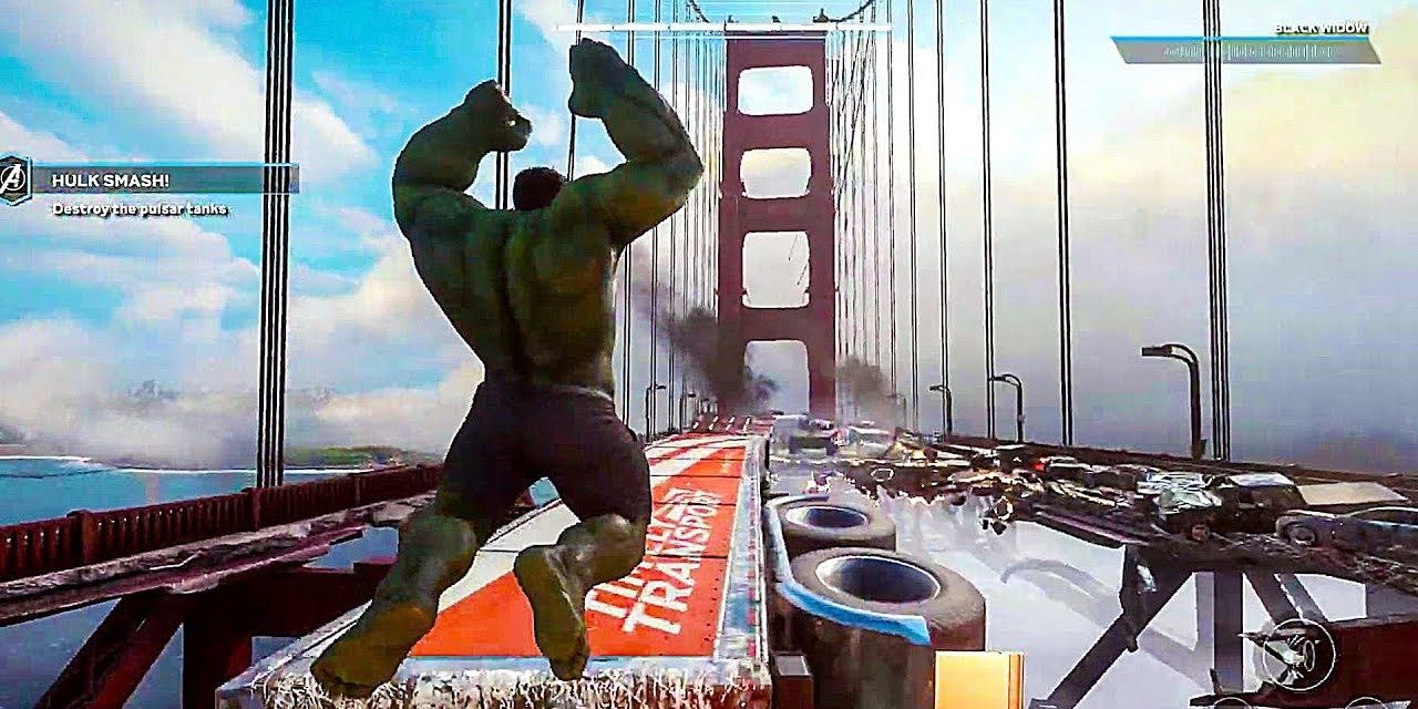 Hulk jumping on Golden Gate bridge in Marvel's Avengers
