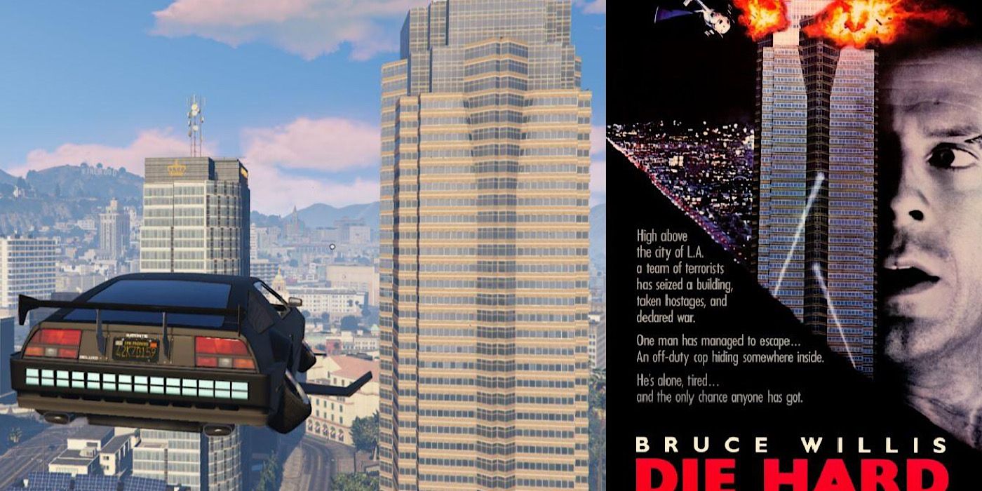 Side by side of the Nakatomi plaza in Die Hard