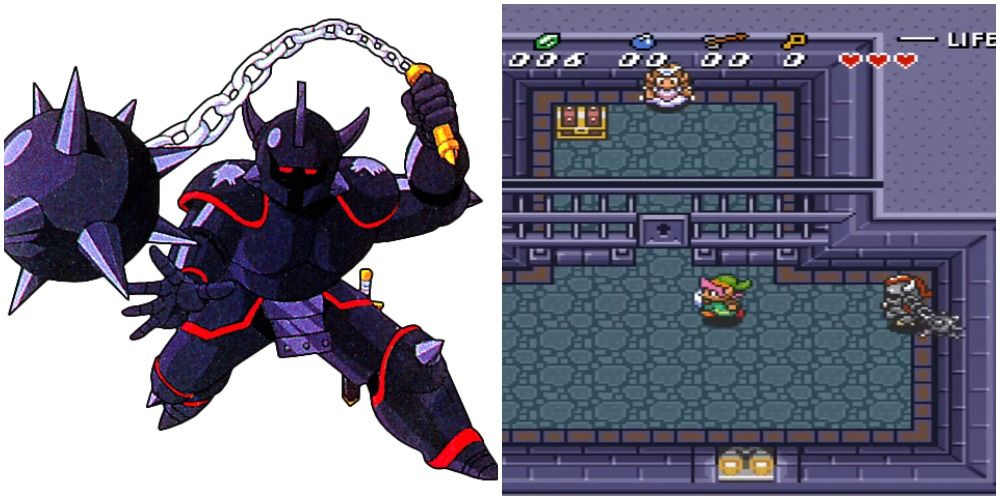 Artwork and a screenshot of the Ball and Chain Soldier from A Link to the Past