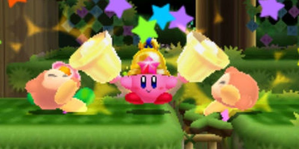 Bell Kirby attacking Waddle Dees in Kirby: Triple Deluxe