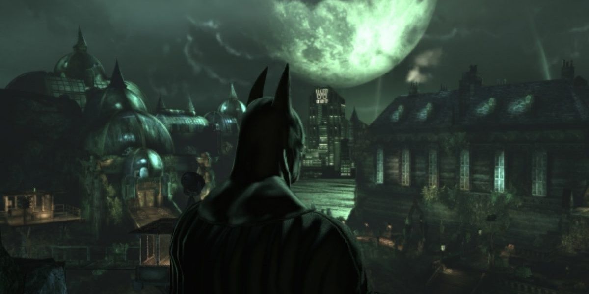 Batman looking over Arkham Island and Asylum