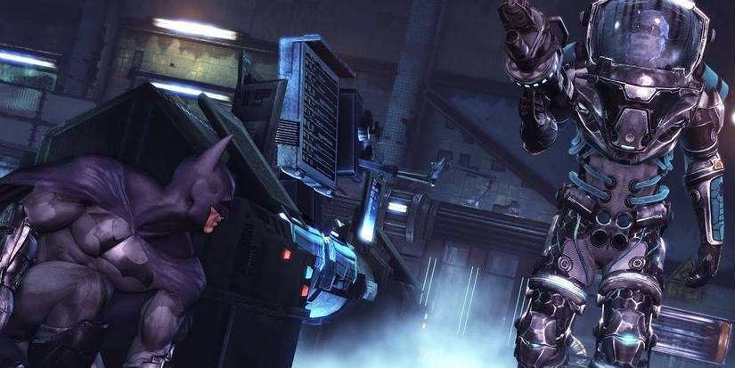 Batman against Mr. Freeze in a boss fight in Arkham City