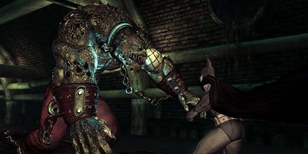 Killer Croc confronting Batman in the sewers of Arkham Asylum