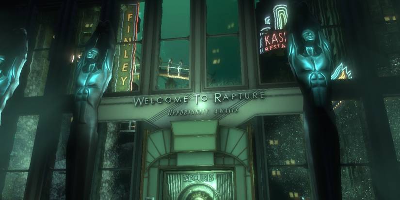 image of Rapture in Bioshock with Art Deco statues and windows